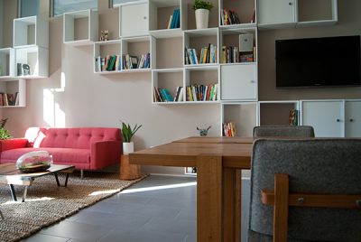 Miriam Devlin’s solution to shelving was an innovative series of boxes made from Columbia Forest Products' PureBond plywood. The well-proven assembly technology uses soy instead of formaldehyde-based glues. Photo Credit Miriam Devlin